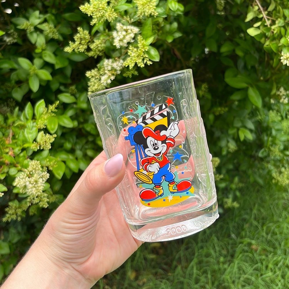 Vintage 2000 Disney Mickey Mouse McDonald’s Drinking Glass Cup Clear w Decals